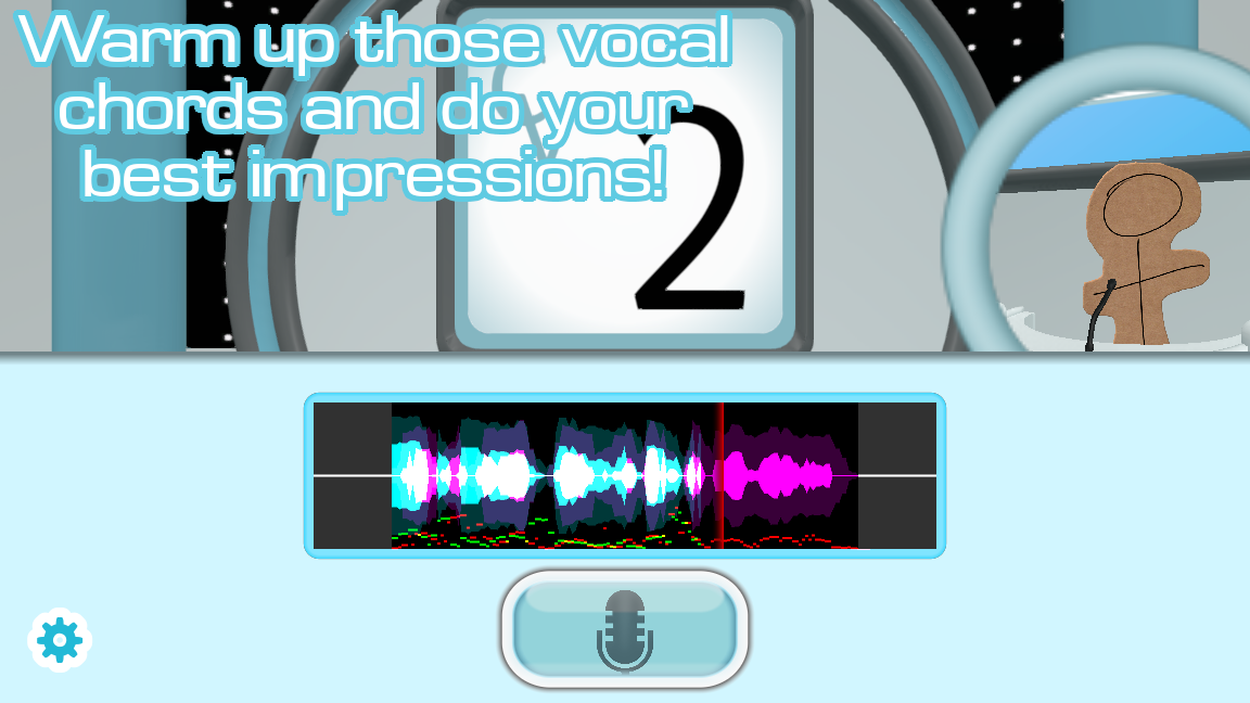 Pantalla de interpretación de The Choicer Voicer: cuenta atrás 3-2-1 con el texto Warm up those vocal chords, la onda del clip de referencia y el botón de grabar