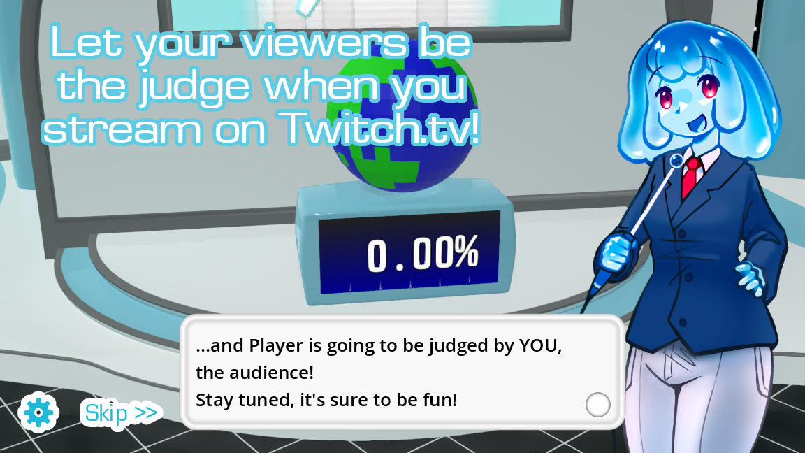 Twitch Mode in The Choicer Voicer: the jellyfish-haired host introduces chat judging with the text Let your viewers be the judge when you stream on Twitch.tv and a 0.00% score board