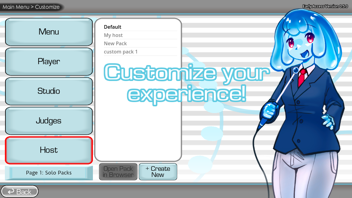 The Customize screen of the Windows and Linux client of The Choicer Voicer, showing the Early Access version marker, Menu, Player, Studio, Judges and Host slots