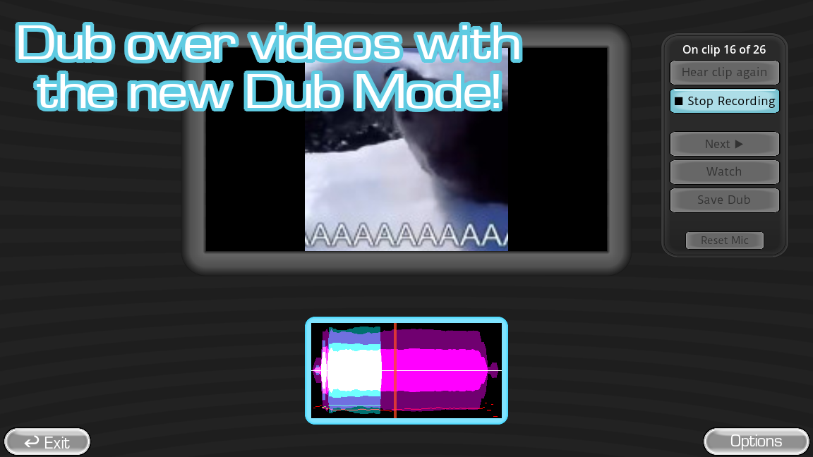 Dub Mode in The Choicer Voicer: a scene video with the Dub Mode workspace, clip counter and recording controls — the mode the 0.5.3 update protects against crashes